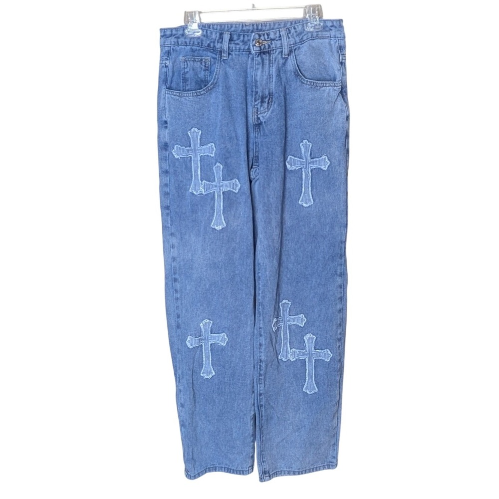 Romwe‎ Sz 11/12 Cross Appliqué Jeans Blue Denim Straight Leg Y2K Grunge *Read*